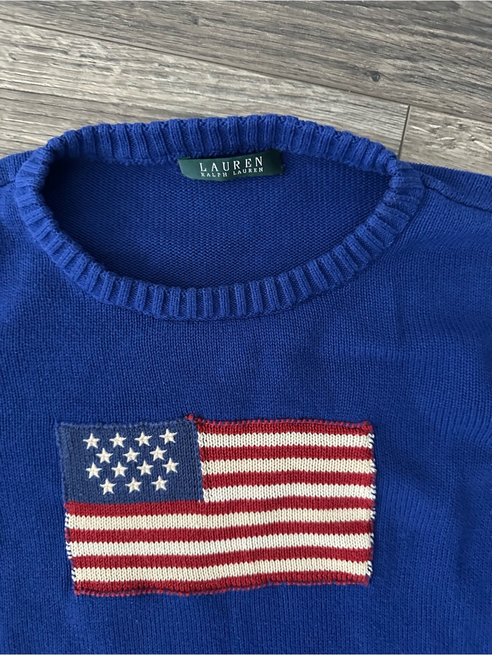 Vintage Lauren Ralph Lauren Cobalt Blue Crewneck Sweater with Flag Patch - Picture 3 of 4